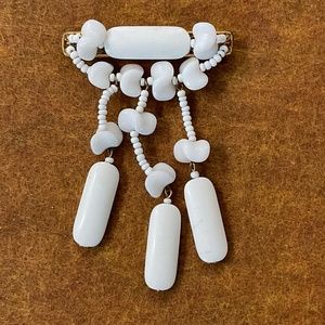 Unusual Vintage Miriam Haskell White Milk Glass Brooch on Gold Tone Metal